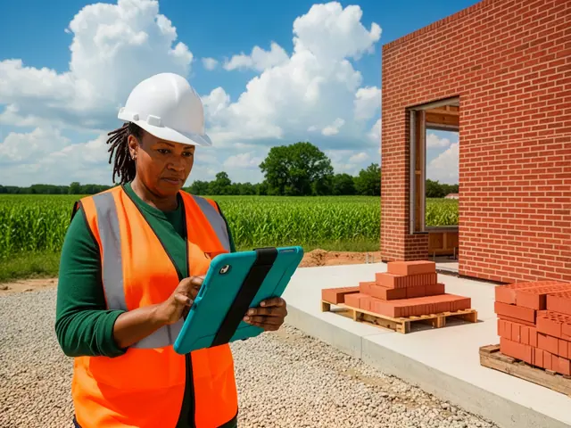 Woman in a white hard hat and orange safety vest checking a teal tablet beside a new brick building