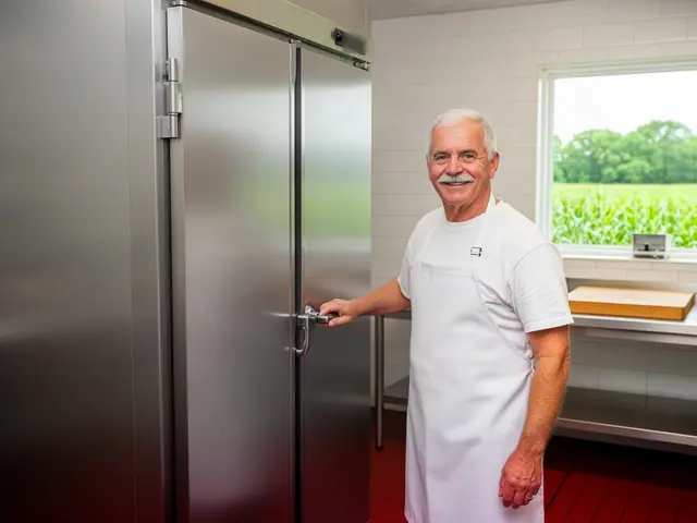 Smiling older man with a white moustache in a white apron with his hand on the handle of a new stainless walk-in cooler
