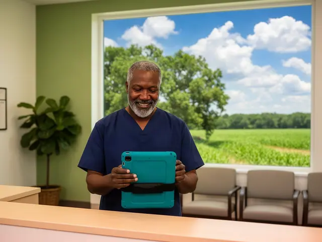 Smiling grey-bearded man in navy scrubs holding a teal tablet at a clinic front desk