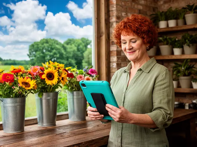 Smiling red-haired woman in a sage linen shirt checking a teal tablet in a flower shop