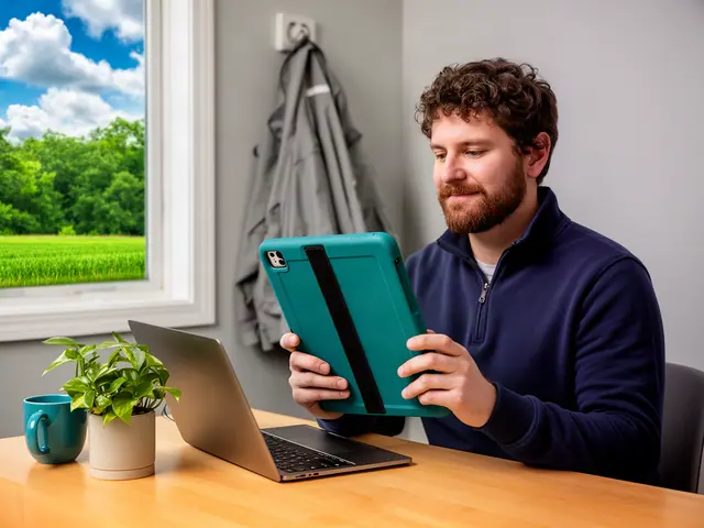 Bearded man with curly hair in a navy quarter-zip reading a teal tablet at a desk with a laptop and plant