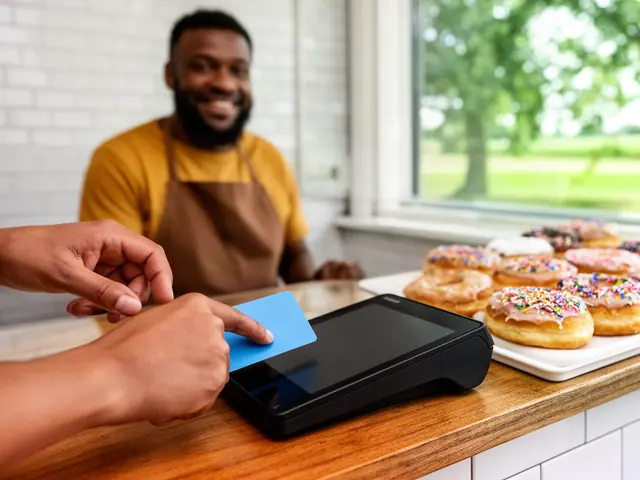 Customer hand tapping a blue card on a black card terminal at a donut counter, smiling baker behind