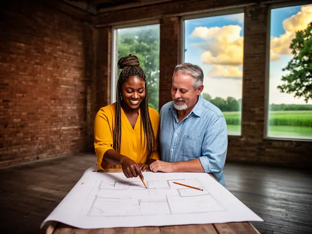 Two business partners smiling over a floor-plan drawing on a table in a brick-walled room